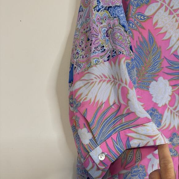 Rose & Olive Floral Button Down Top Women's 1X Pink Blue Paisley Tie Knot Light - Picture 4 of 12